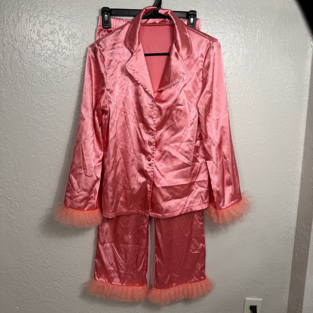 Pink Satin Pajama Set Long Sleeve Tulle Ruffle Trim Sleepwear XS Coquette Girl